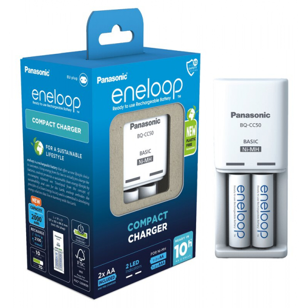 Chargeur de batterie rechargeable NI-MH Panasonic Eneloop BQ-CC50 + 2 piles R6/AA 2000mAh