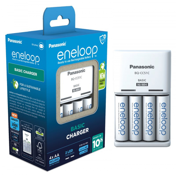 Chargeur de batterie rechargeable Ni-MH Panasonic Eneloop BQ-CC51 + 4 piles LR6/AA Eneloop 2000mAh