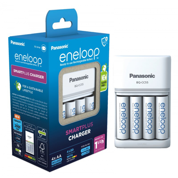 Chargeur de batterie rechargeable Ni-MH Panasonic Eneloop BQ-CC55 + 4 piles LR6/AA Eneloop 2000mAh