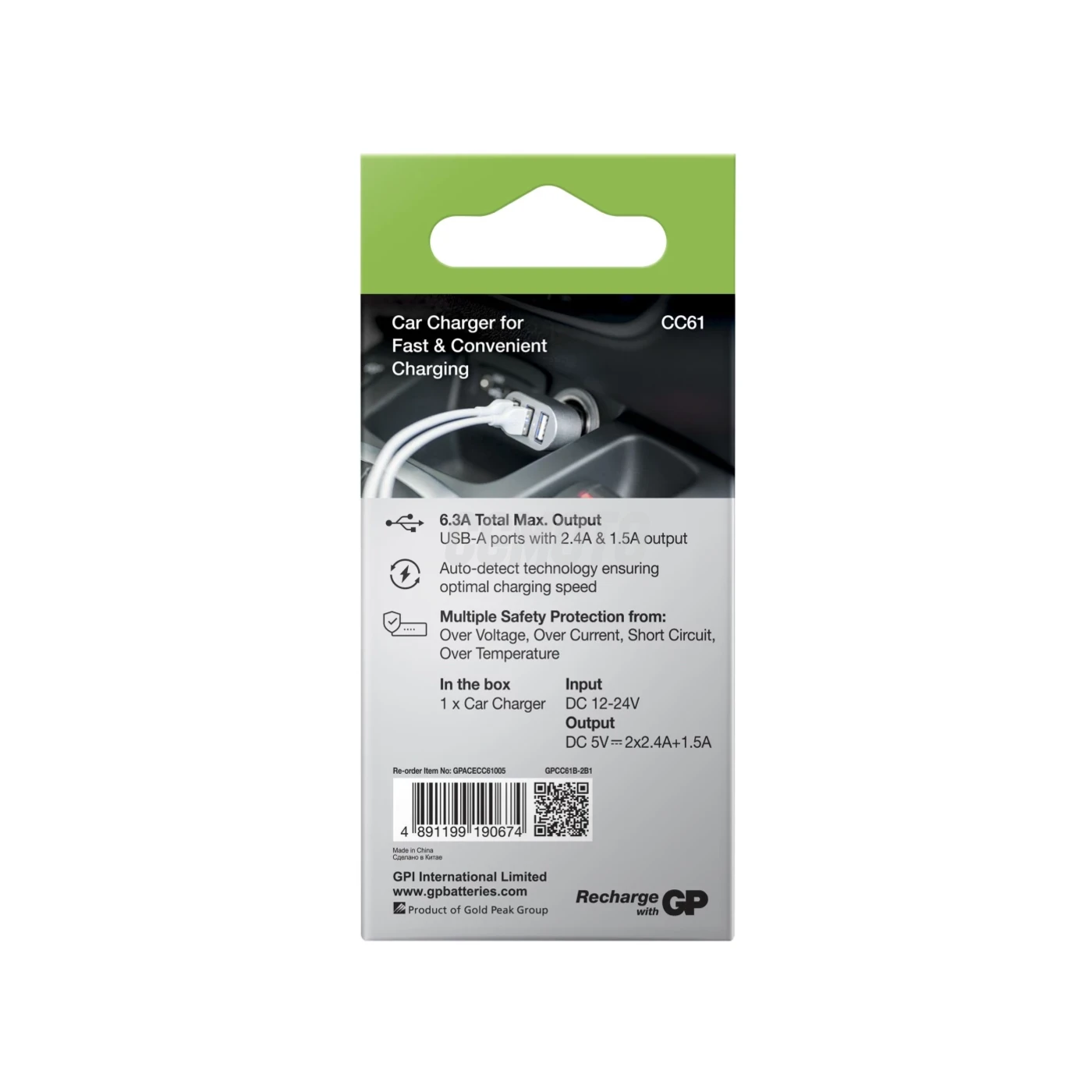 GP Chargeur voiture CC61 - USB - 2 ports USB 2 4A + 1 port USB 1 5A